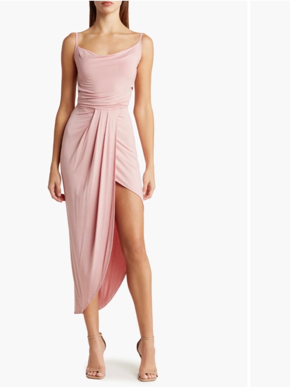 New Mauve Cowl Neck Asymmetric Slit Dress GO COUTURE
